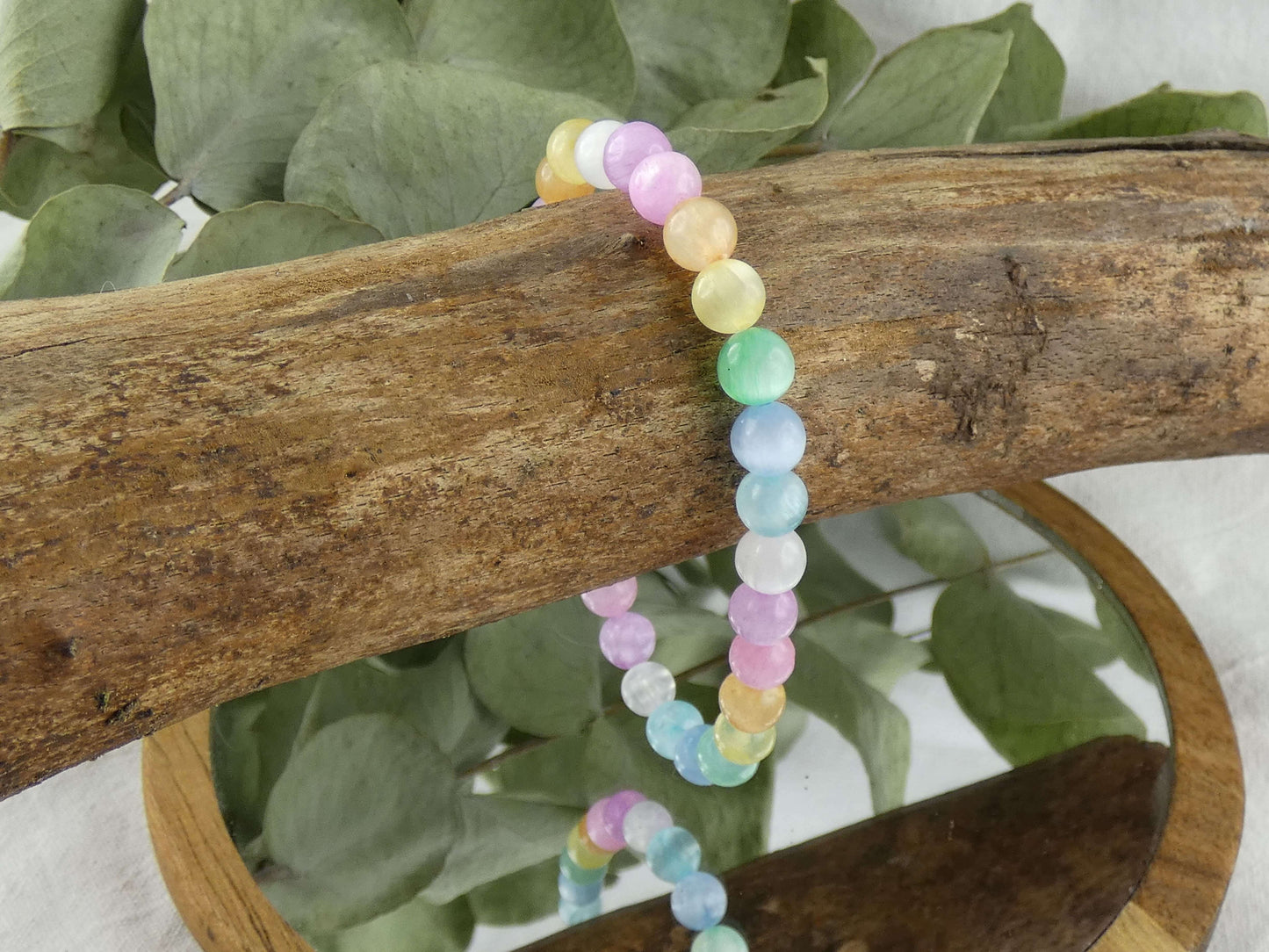Kinderarmband Perlen Regenbogen Selenit Kräftig | Handgemachter Schmuck mit echten Edelsteinen | Für Klarheit & Licht