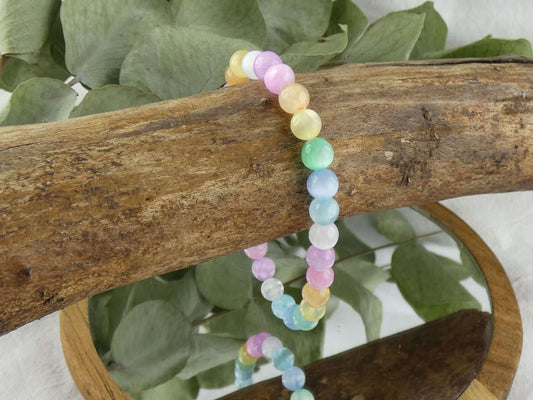 Kinderarmband Perlen Regenbogen Selenit Kräftig | Handgemachter Schmuck mit echten Edelsteinen | Für Klarheit & Licht